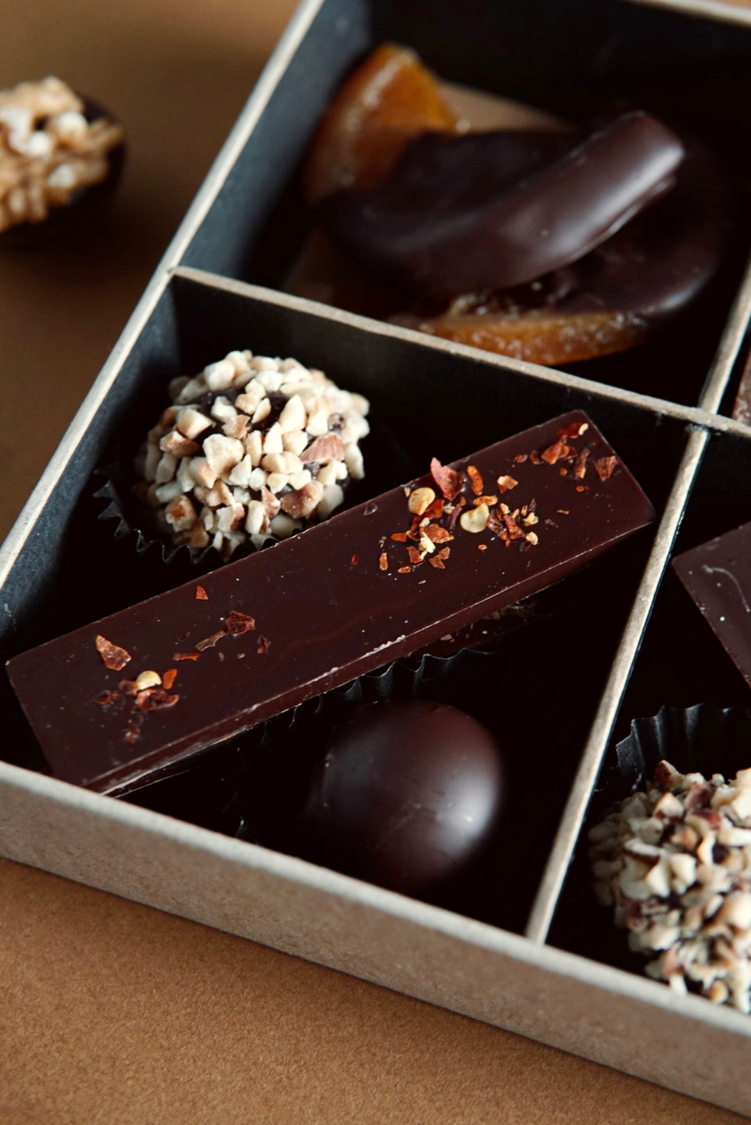 close up of Vegan box of handmade chocolates